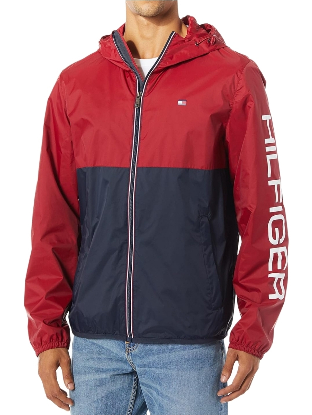 Tommy Hilfiger Red and Navy Colorblock Hooded Windbreaker Jacket Size S